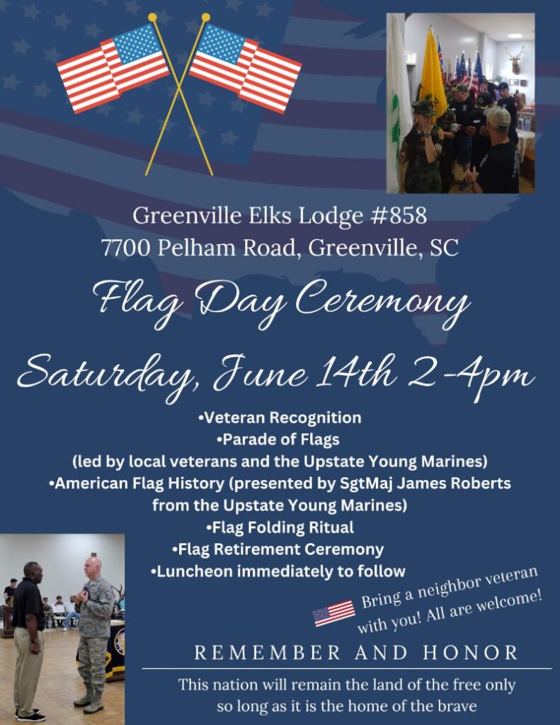 flyer for the 2025 flag day event at Greenville Elks Lodge.